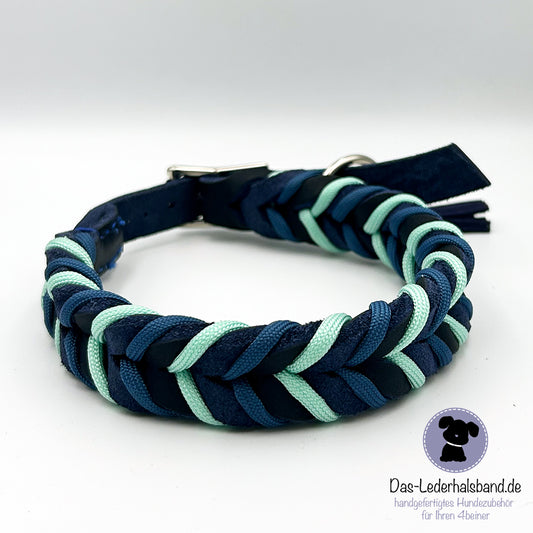 Fettlederhalsband mit Paracord dunkelblau-mint | Deluxe Edition