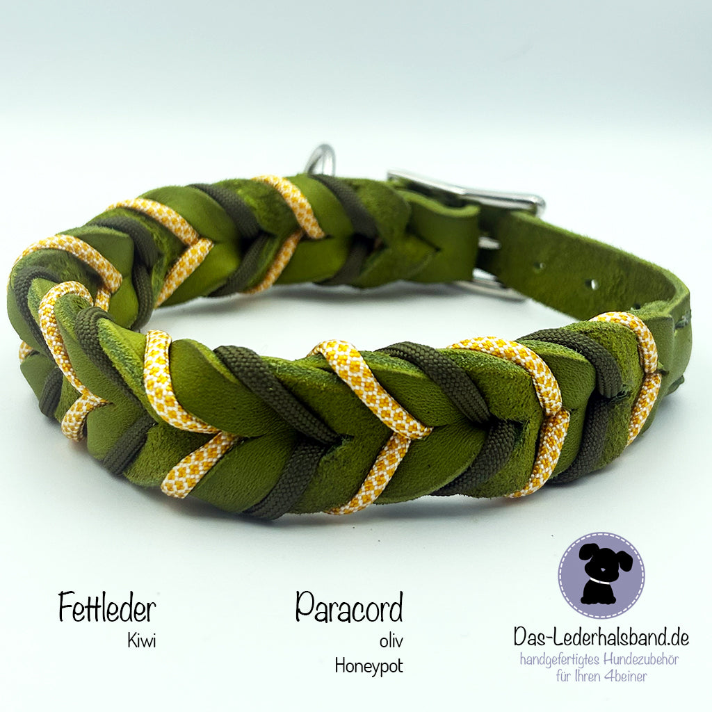 Fettlederhalsband mit Paracord Kiwi-Honeypot | 29-35cm