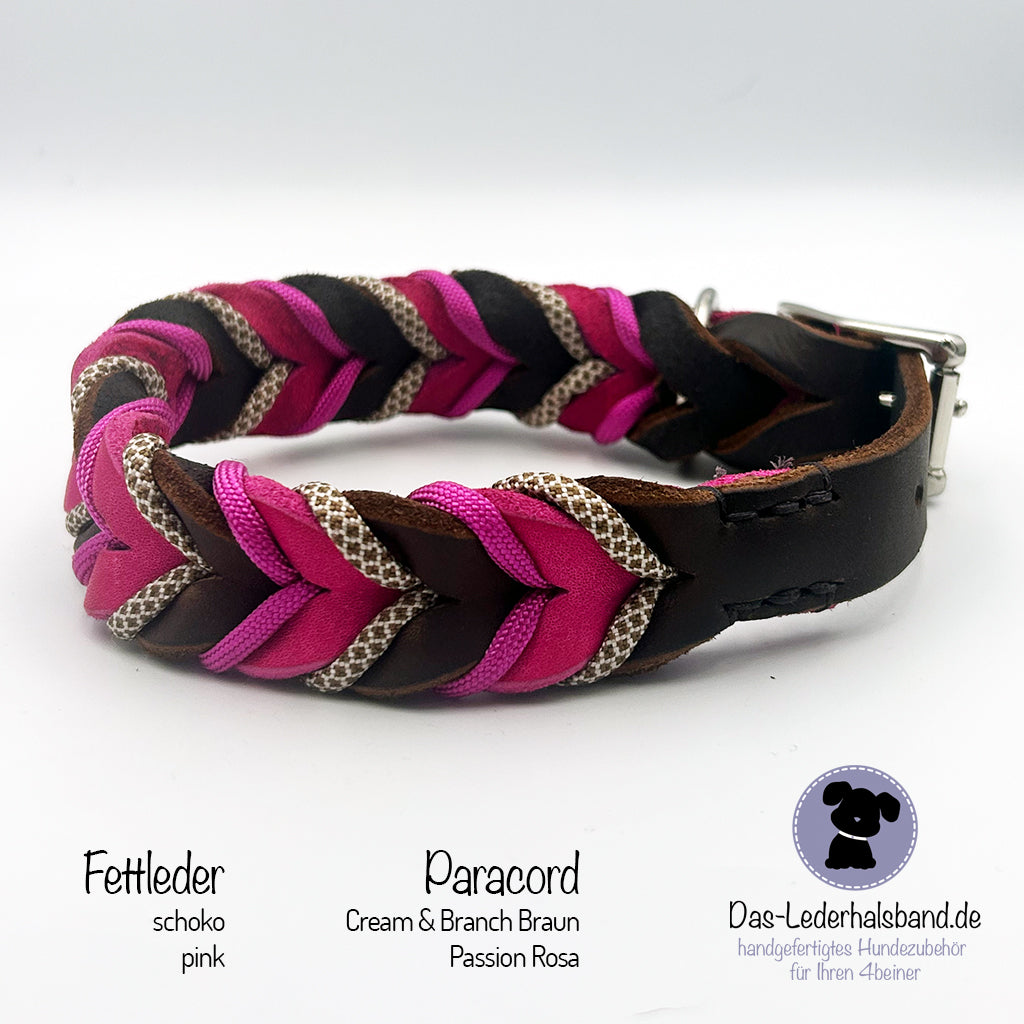 Fettlederhalsband mit Paracord in schoko-pink | Deluxe Edition