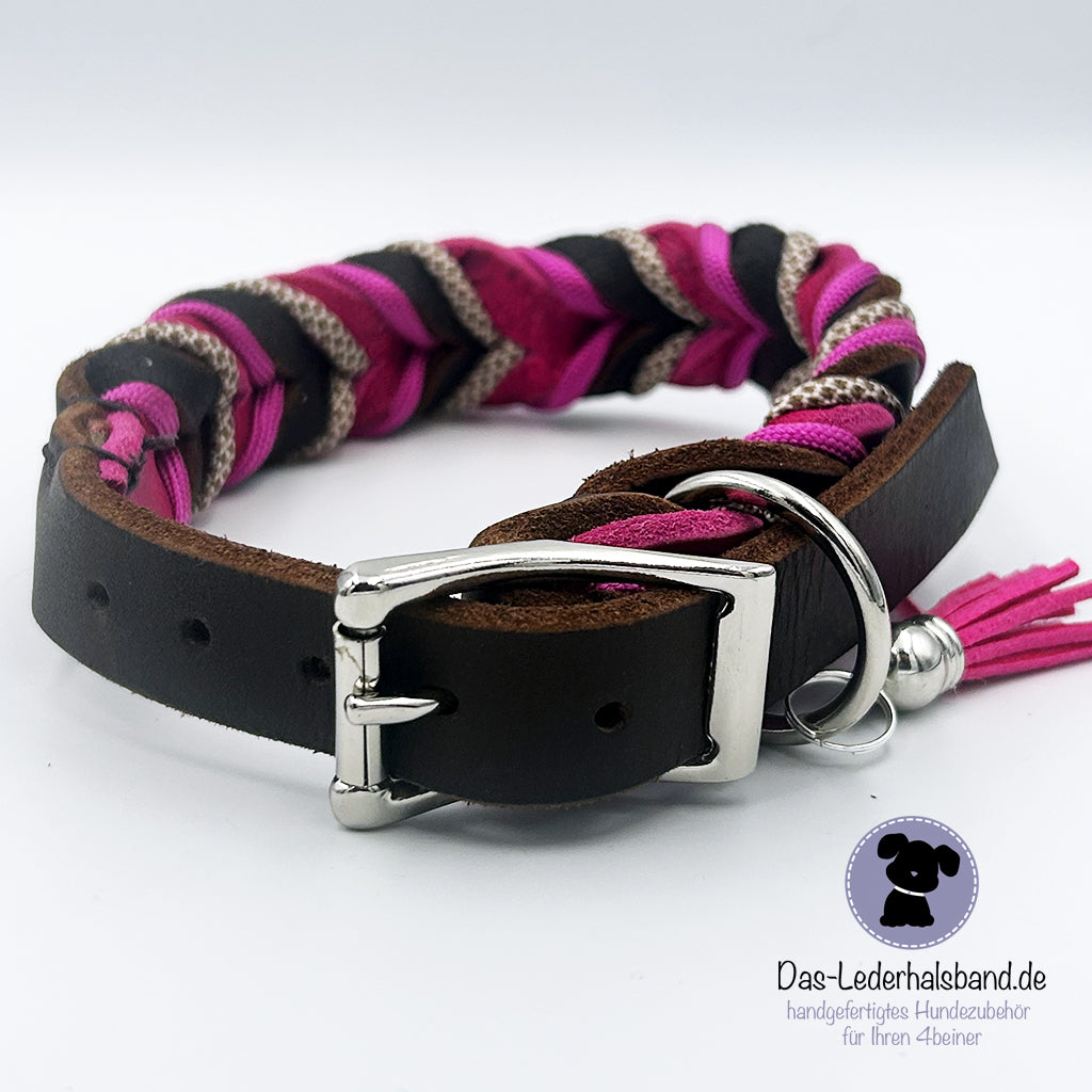 Fettlederhalsband mit Paracord in schoko-pink | Deluxe Edition