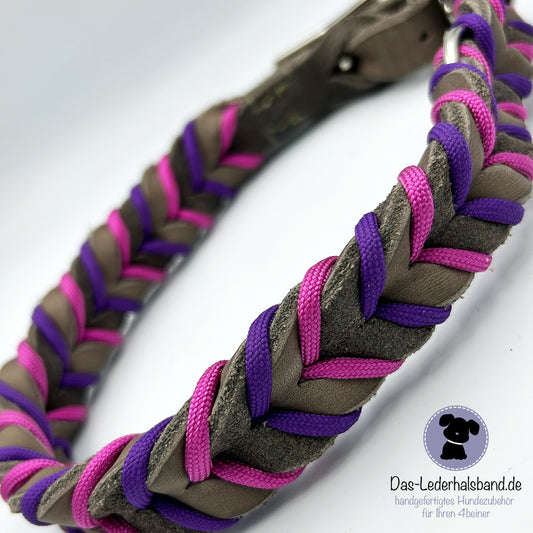 Fettlederhalsband mit Paracord Schlamm-lila-pink | Deluxe Edition