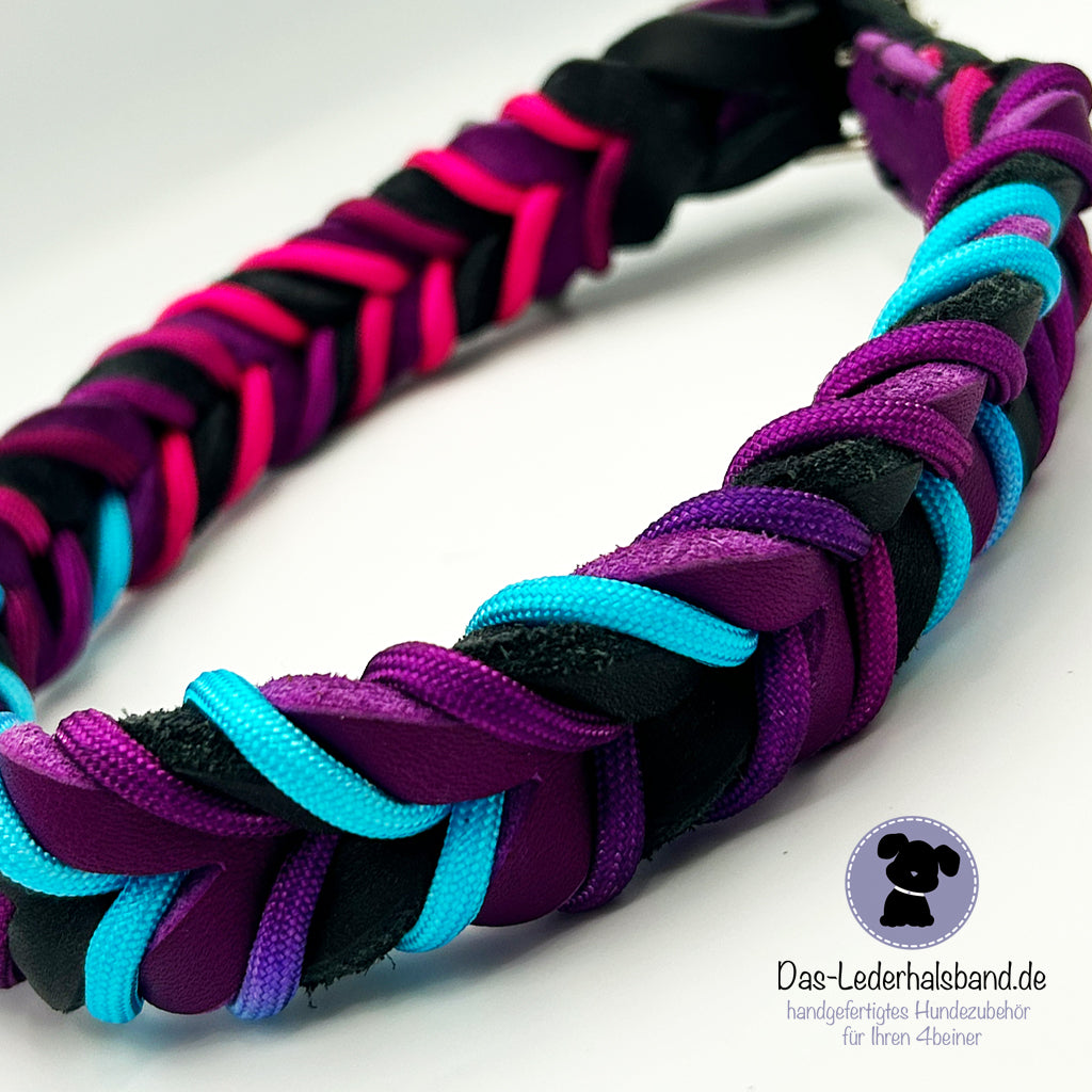 Fettlederhalsband mit Paracord schwarz-purpur | 42-48cm