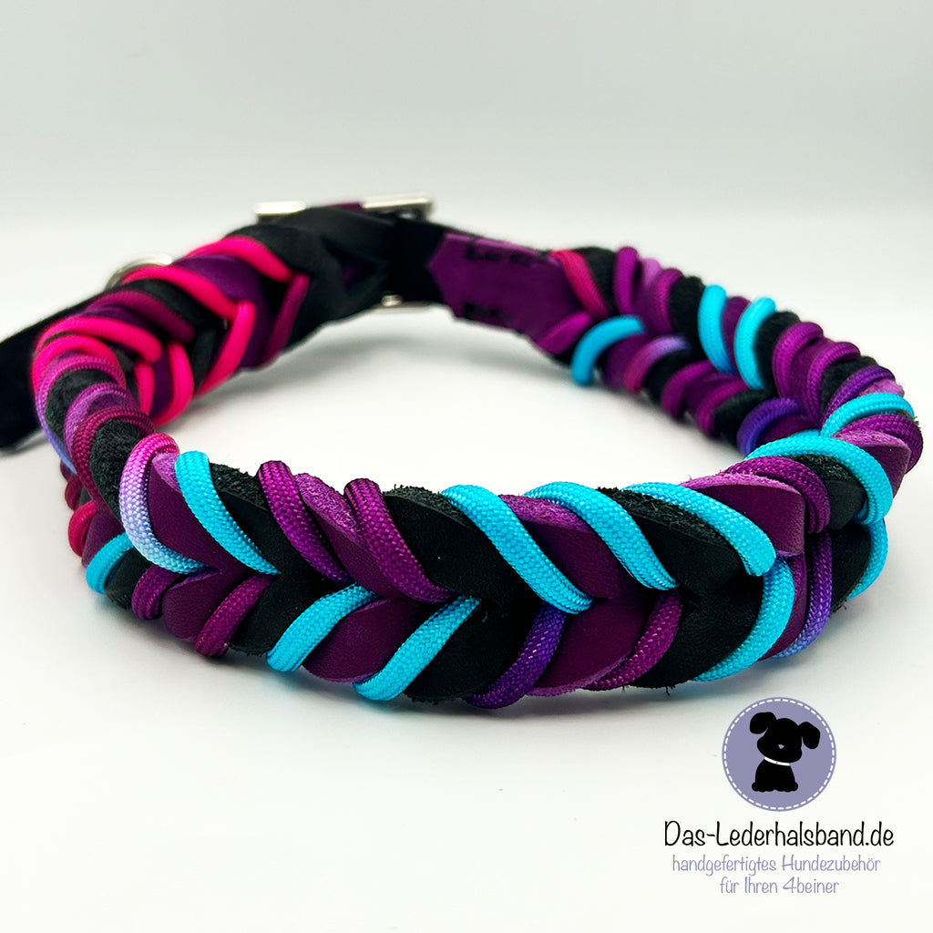 Fettlederhalsband mit Paracord schwarz-purpur | 42-48cm