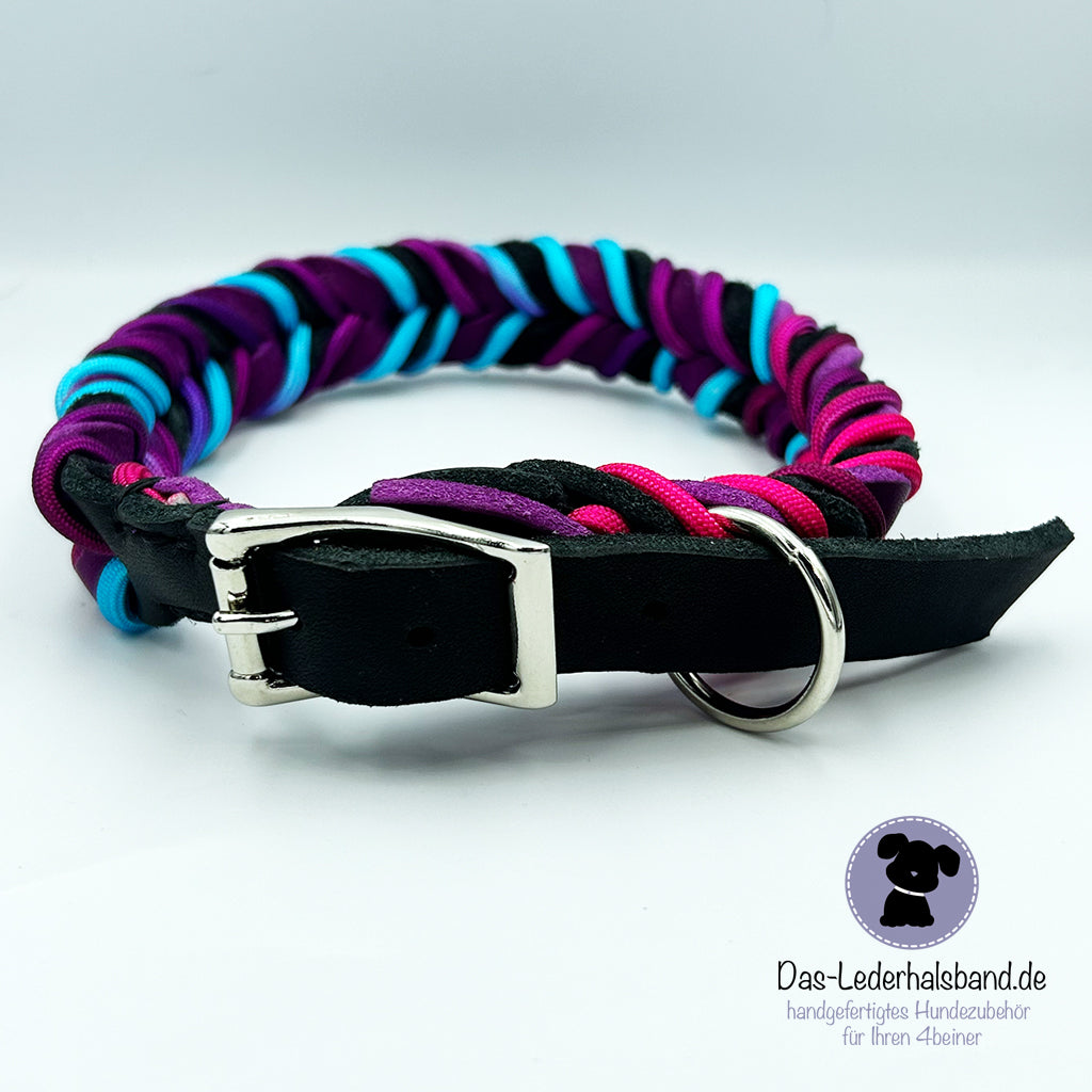 Fettlederhalsband mit Paracord schwarz-purpur | 42-48cm