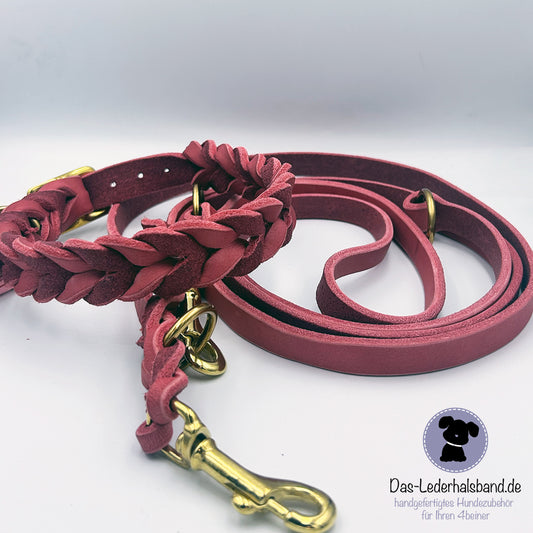 Set | Fettlederhalsband mit Leine in Altrosa