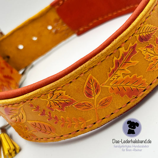 Geprägtes Lederhalsband "Herbst" in orange