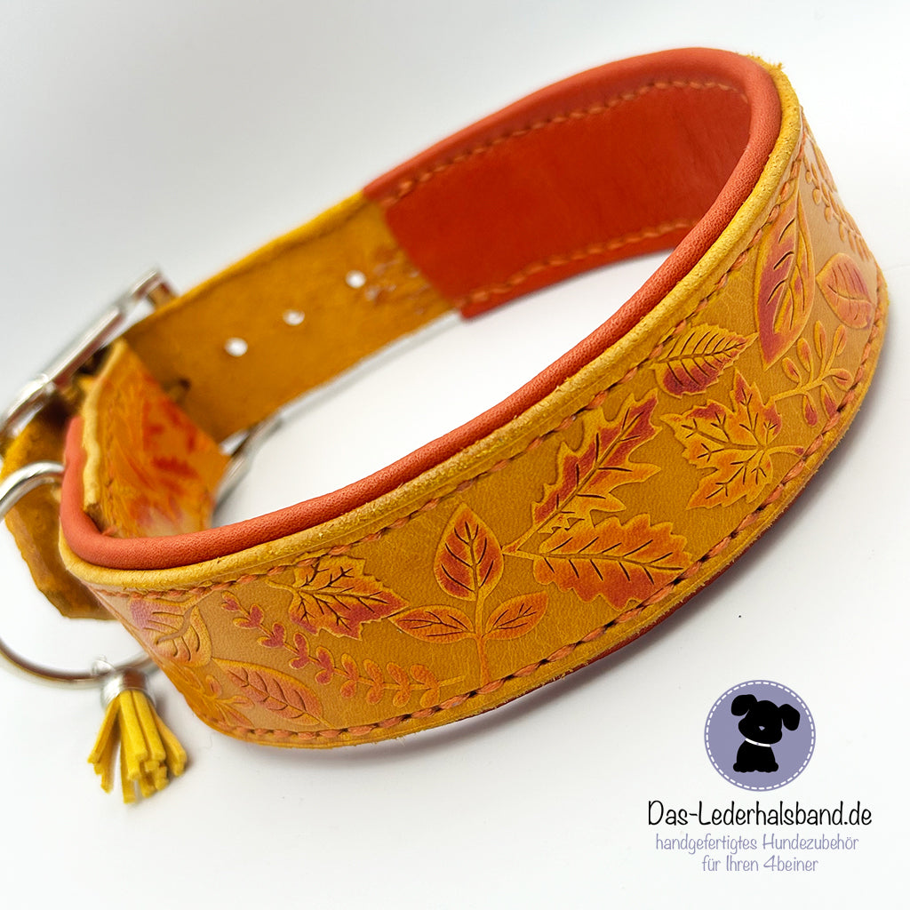 Geprägtes Lederhalsband "Herbst" in orange