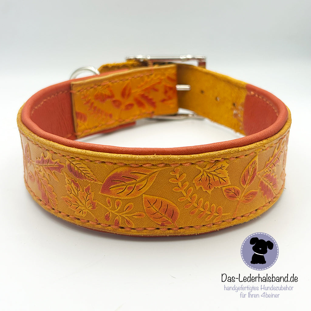 Geprägtes Lederhalsband "Herbst" in orange