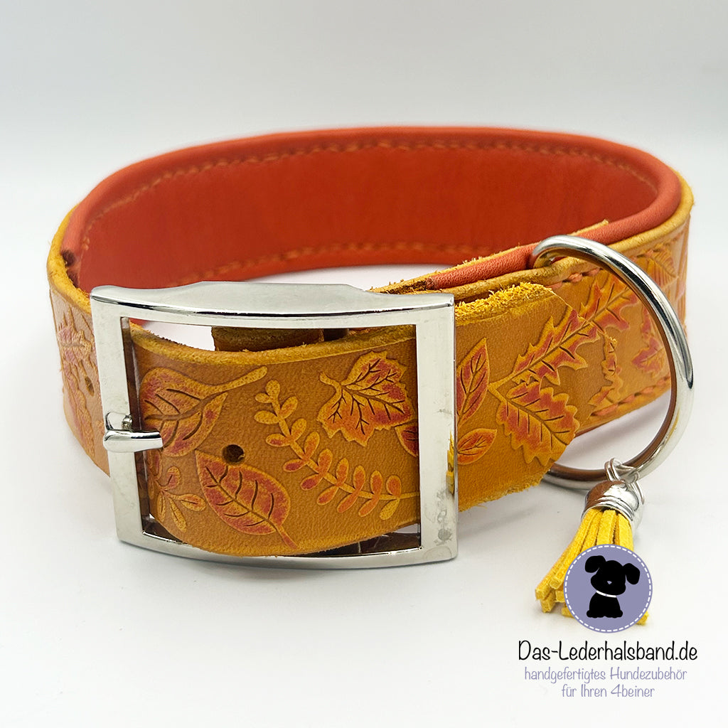 Geprägtes Lederhalsband "Herbst" in orange