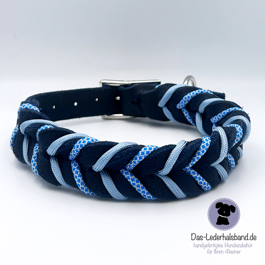 Fettlederhalsband mit Paracord Dunkelblau-Babyblau | Deluxe Edition