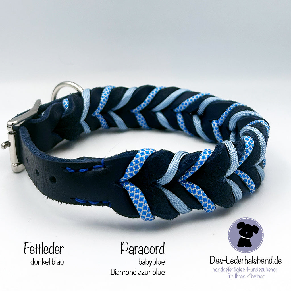 Fettlederhalsband mit Paracord Dunkelblau-Babyblau | Deluxe Edition